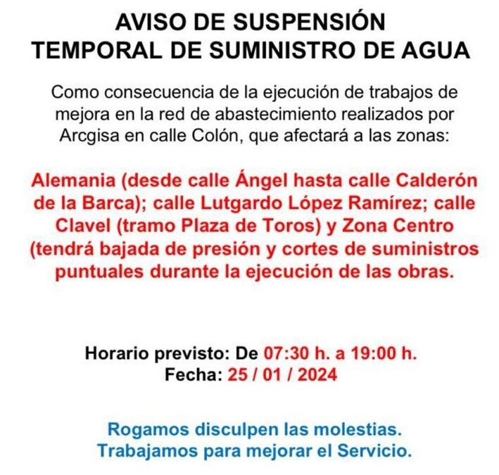 Programado un corte de agua el jueves en zonas del centro por obras de mejora en la red de abastecimiento